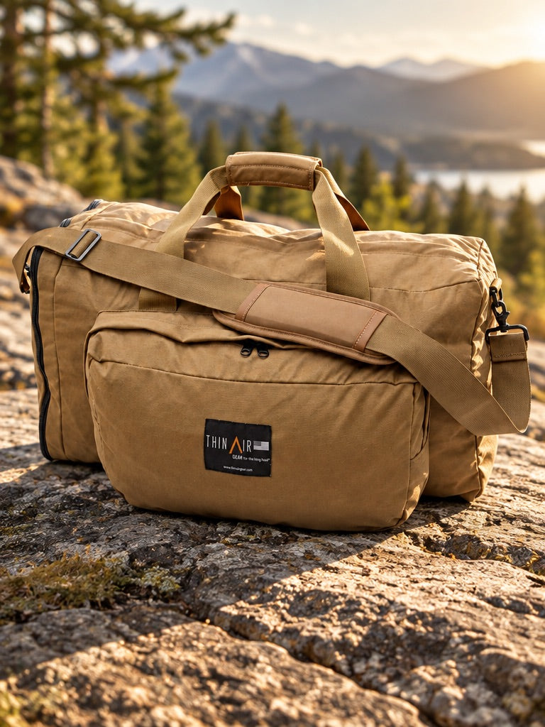 A tan outdoor duffel bag with a front zip pocket and adjustable shoulder strap, resting on a rocky surface with a mountain and lake landscape in the background. Thin Air Gear patch on front.
